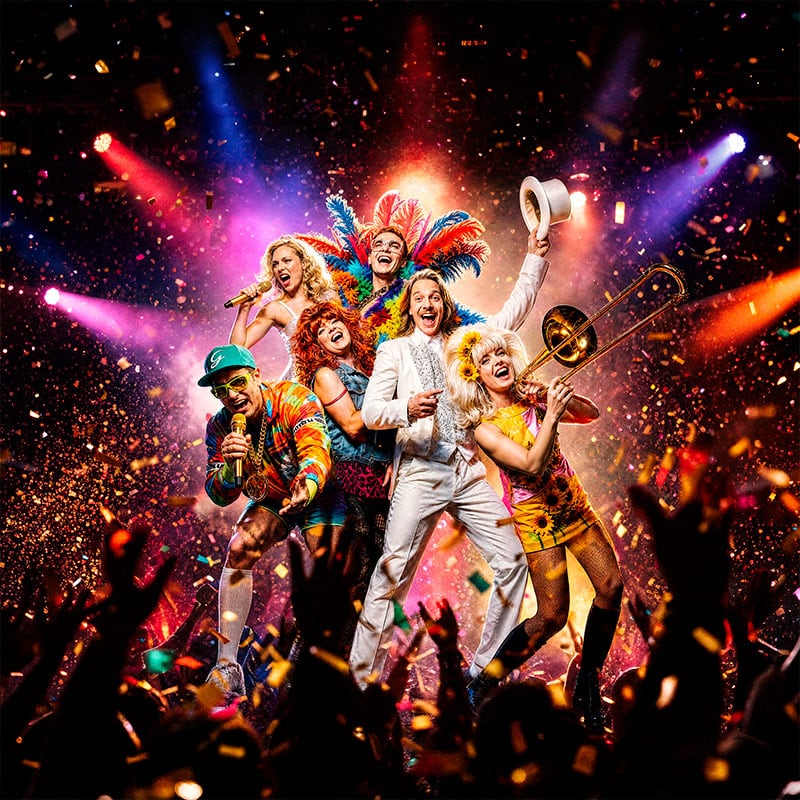 Festliga artister på scenen under en färgglad konsert med konfetti och dans.